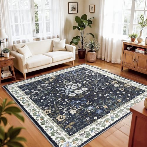 5x5 Living Room Area Rug Washable (Blue / 5x5)