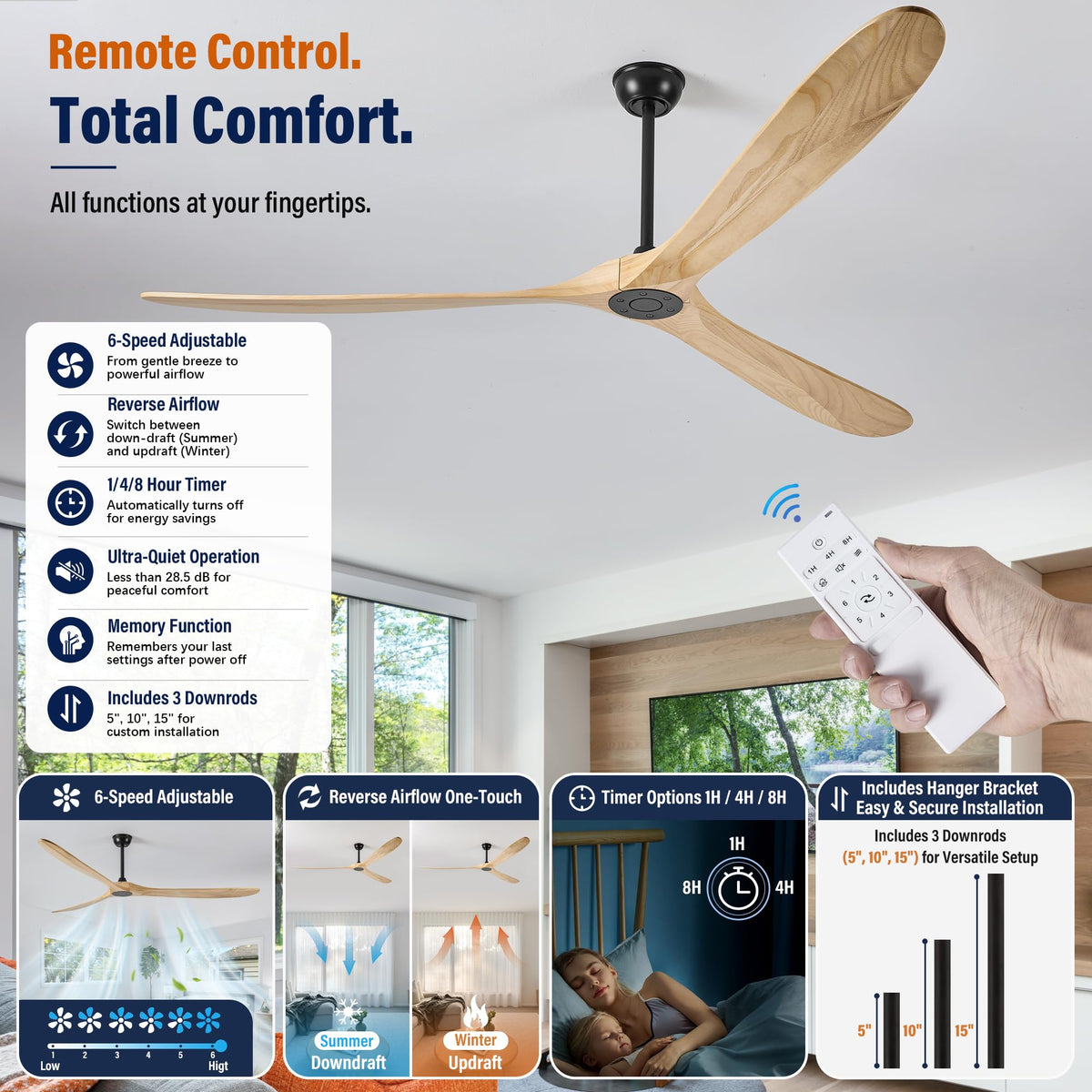 84 Inch Solid Wood 3 Blade No Light Ceiling Fan (Black / 84'')