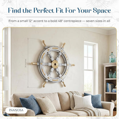 Coastal Voyage Antique White Finish Vintage Wooden Ship Wheel Nautical Wall Decor (White / 18"L x 18"W)
