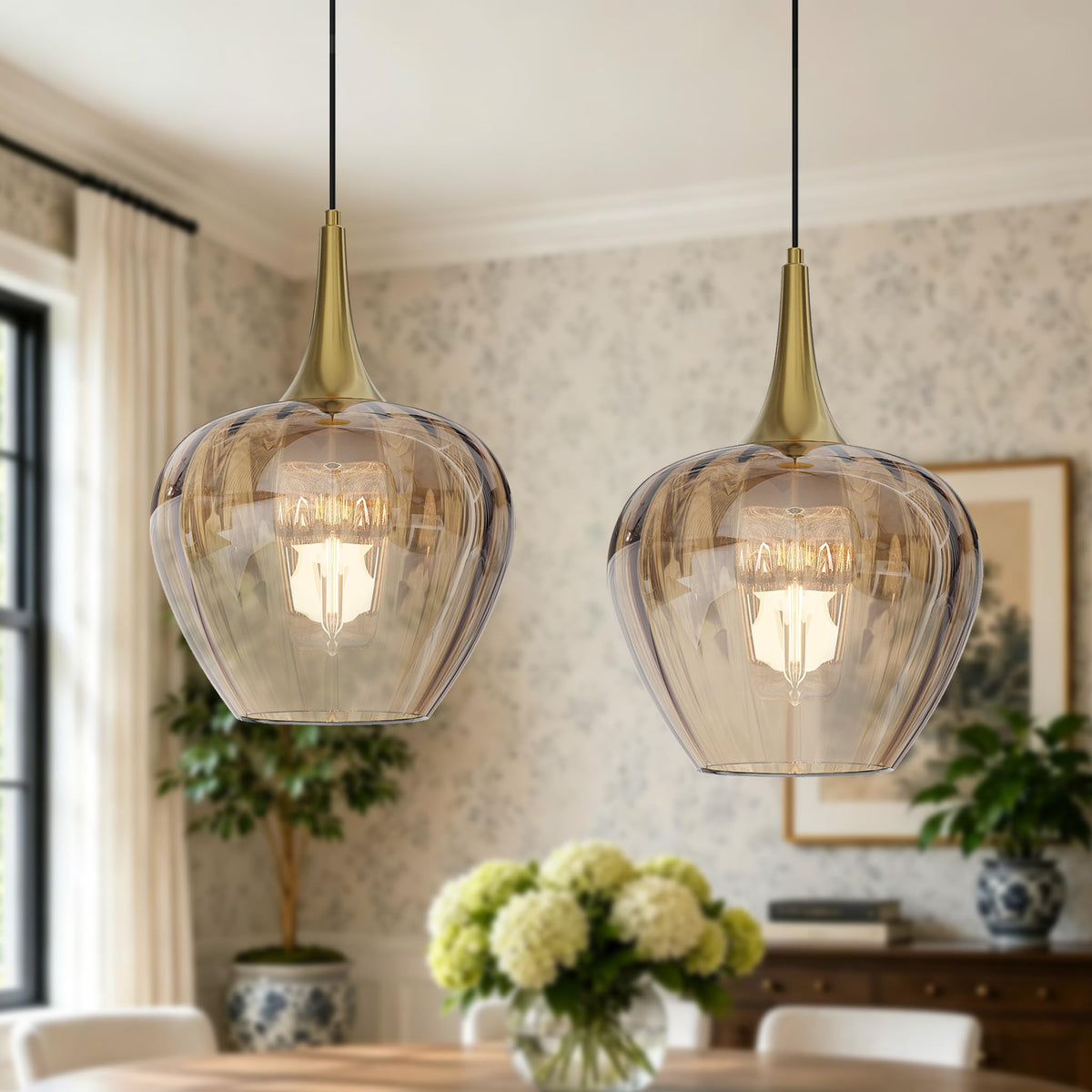 Gold Pendant Lighting for Kitchen Island (Gold & Amber Glass - 2 Pack)