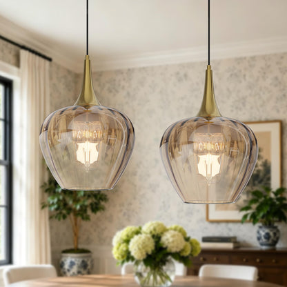 Gold Pendant Lighting for Kitchen Island (Gold & Amber Glass - 2 Pack)