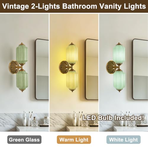 Green Glass Vintage Bathroom Vanity Light (Retro Gold & Green 1 Pack)