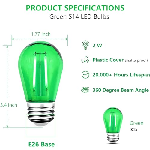 15 Pack S14 LED Green Light Bulbs (Green)