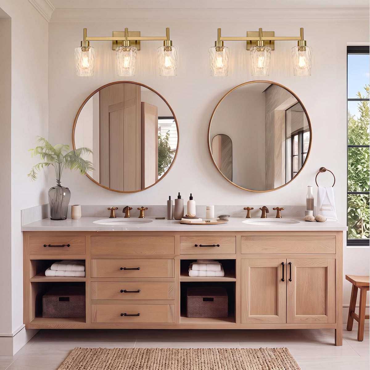 3 Light Bathroom Vanity Light Modern with Hammered Glass Shade (Gold / 3 Lights)