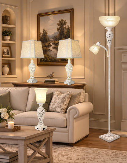 Torchiere Floor Lamp with Adjustable Reading Light for Living Room Corner (Washed White)