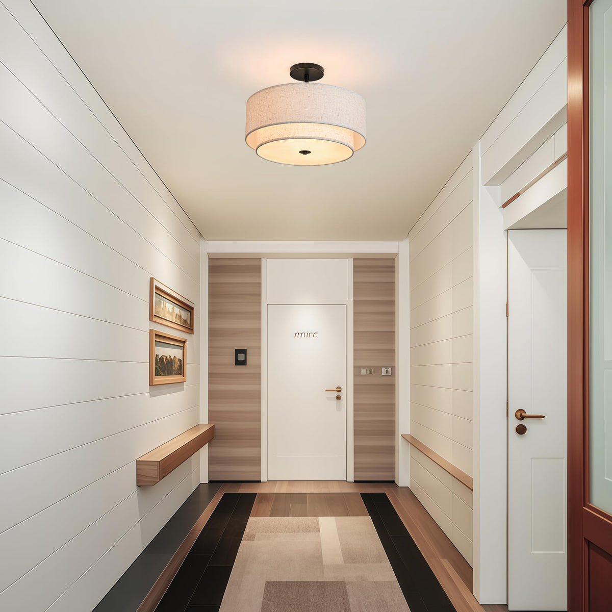 15.7" Ceiling Light Fixture Semi Flush Mount Ceiling Light with Dual Drum Design Classic Fabric Linen Shade Design for Living Room Bedroom Hallway Living Room Kitchen Dining Room Entrywa (Fabric+White+14.9inch+3Light)