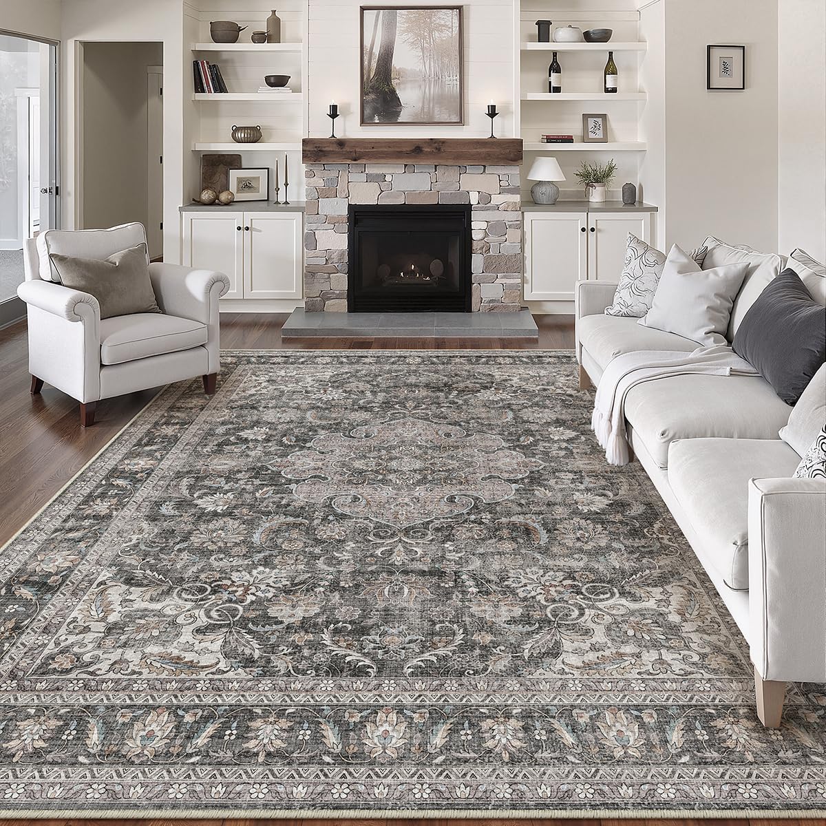 9x12 Washable Area Rug Black Grey Vintage Rug for Living Room (Black/Grey / 9' x 12' (Rectangular))