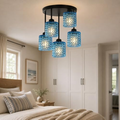 Black Ceiling Lights Semi Flush Mount 5 Lights with Blue Glass Shade (5Light-Blue)