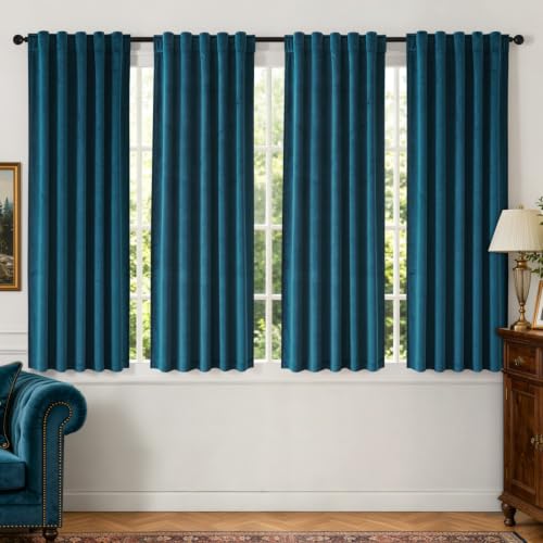 Peacock Blue Velvet Curtains 4 Panel Set Back Tab 40x63 Inch Long (Peacock Blue / 40"W x 63"L (Pack of 4))
