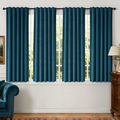 Peacock Blue Velvet Curtains 4 Panel Set Back Tab 40x63 Inch Long (Peacock Blue / 40"W x 63"L (Pack of 4))