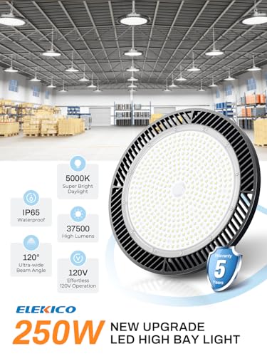 Super Bright 250W 37500LM UFO LED High Bay Light with Plug 5ft Cable (250W-6PACK)