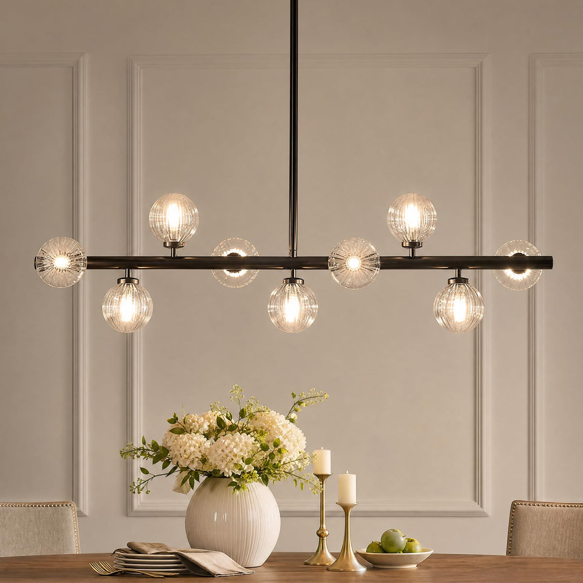 Linear Sputnik Dining Chandelier (Black + Clear / 9-Light 40 Inch)