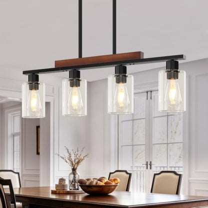Farmhouse Island Lights for Kitchen Black Dining Room Light Fixtures Over Table with White Shade Wood Linear Chandelier Lighting with Adjustable for Kitchen Island Dining Room