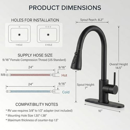 Black Kitchen Faucet with Pull Down Sprayer (Matte Black)