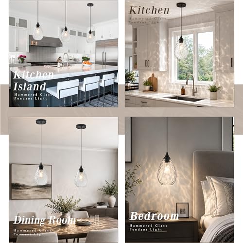 Glass Pendant Lights Kitchen Island 6" Pendant Light Fixtures Hammered Clear Glass Height Adjustable Modern Hanging Pendant Lights for Dining Room