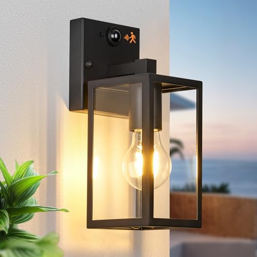 10.6" Motion Sensor Outdoor Wall Sconce Clear Glass Waterproof Exterior Wall Light Porch Light Lantern for Garage Patio Doorway Garden