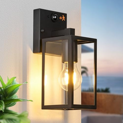 10.6" Motion Sensor Outdoor Wall Sconce Clear Glass Waterproof Exterior Wall Light Porch Light Lantern for Garage Patio Doorway Garden