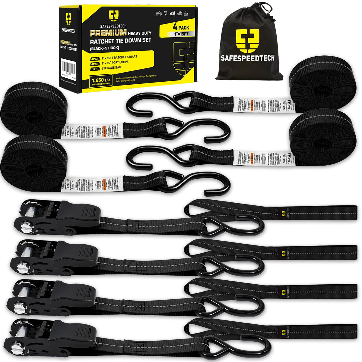 Ratchet Tie Down Straps 4pk 1" x15ft 1650lbs Motorcycle Tie Down Straps (Black / 1650LB - 15Ft)