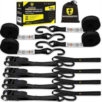 Ratchet Tie Down Straps 4pk 1" x15ft 1650lbs Motorcycle Tie Down Straps (Black / 1650LB - 15Ft)