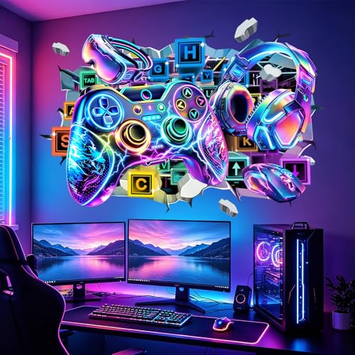 Large 3D Game Controller Wall Stickers Colorful Gamer Zone Gaming Graffiti Peel and Stick Wall Art Decals for Boys Bedroom Kids Room Playroom