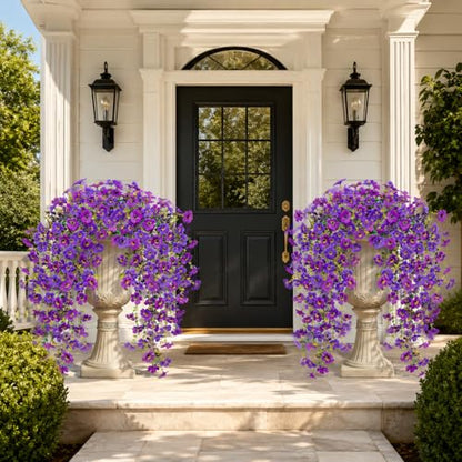 Artificial Hanging Flowers for Outdoors UV Resistant Fake Hanging Plants for Spring Decoration (Lavender / Deep Purple)
