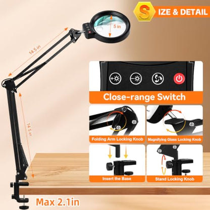 12X 30X Large Magnifying Glass with Light and Clamp