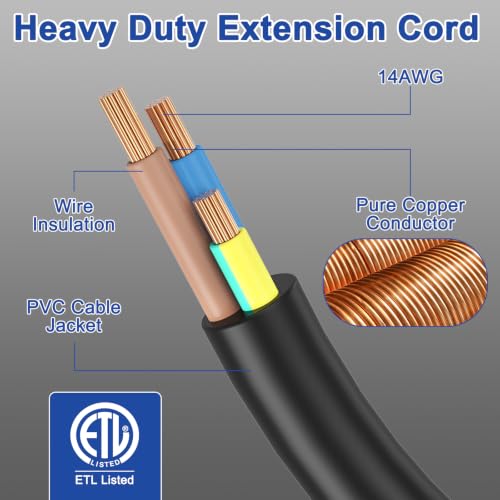 3FT 14 3 Outdoor Extension Cord with 6 Outlets 14 Gauge Light Heavy Duty Multiple Outlets 3 Prong Grounded Power Cord 14AWG 15A 125V 1875W Waterproof ETL Listed for Garden Garage Workshop