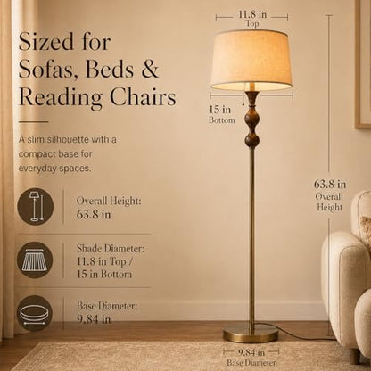 Wood & Brushed Floor Lamp with Pull Chain Switch & Remote Control