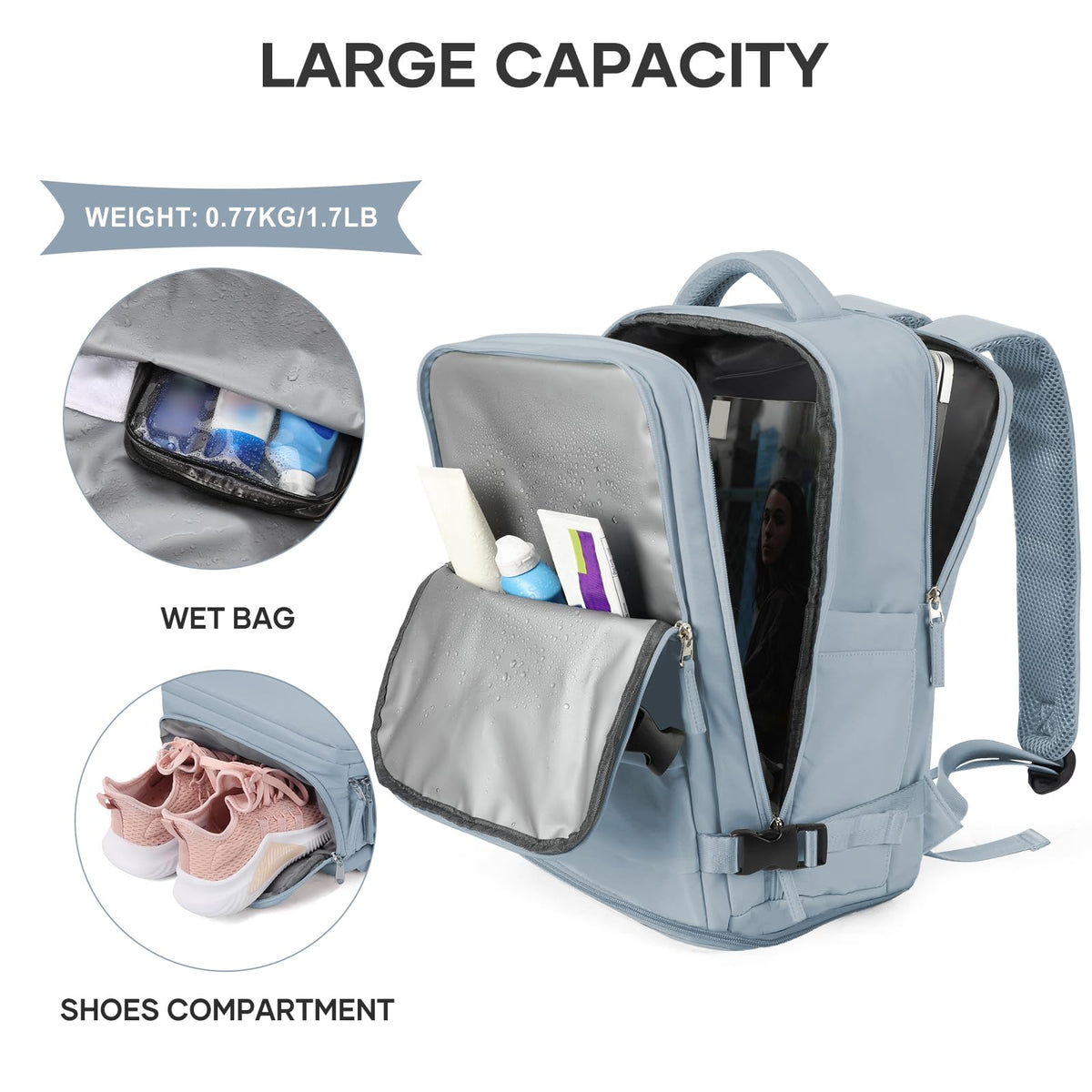 Travel Backpack For Women Men (Gray Blue / 25 liters)