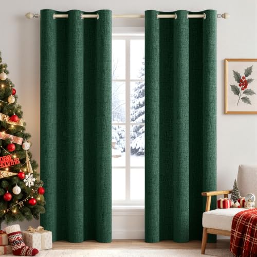 100% Blackout Linen Curtains for Bedroom 42x84 Inches Emerald Green (Emerald Green / 42"W x 84"L (Pack of 2))