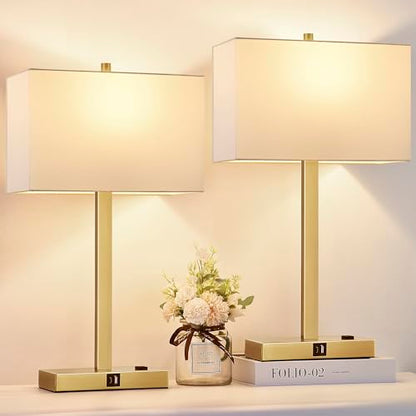 21" Set of 2 Touch Control Table Lamps with 2 USB & AC Outlets