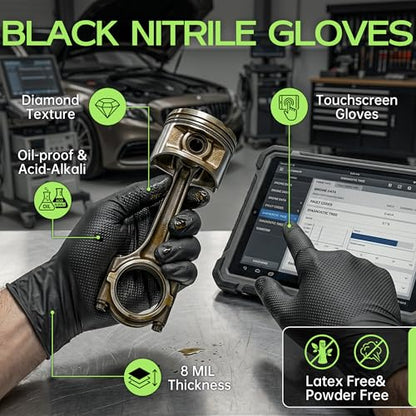 HEAVY DUTY 8 Mil Black Nitrile Gloves Disposable Latex Free Raised Diamond Textured Industrial Mechanic Gloves 1000PCs