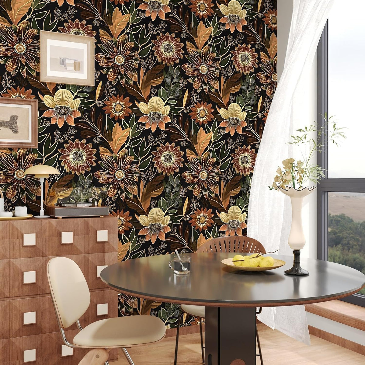 Boho Black Gold Floral Vintage Peel and Stick Wallpaper 17.4"x78.8" (Black/Brown / 17.4" x 78.8")
