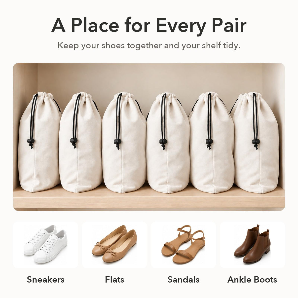 6 Pack Premium Velvet Shoe Bags for Travel & Packing in Suitcases (Beige)