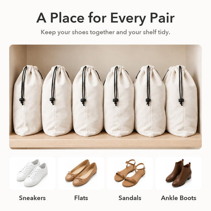 6 Pack Premium Velvet Shoe Bags for Travel & Packing in Suitcases (Beige)