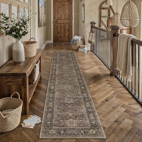 Brown Washable 2x10 Runner Rugs for Hallway Entryway (Retro | Brown / 2' x 10' (Runner))