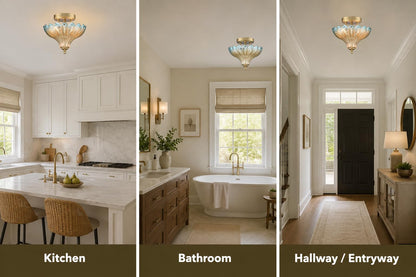 Luxury Gold Semi Flush Mount Ceiling Light Blue & Amber Shade (Gold-Blue & Amber / 9.84"W)