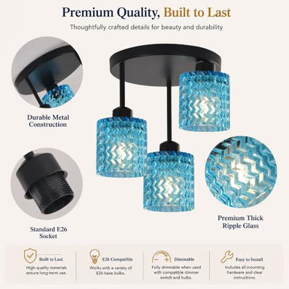 Modern Ceiling Light Fixture Black 3 Lights with Blue Glass Shade (3Light-Blue)