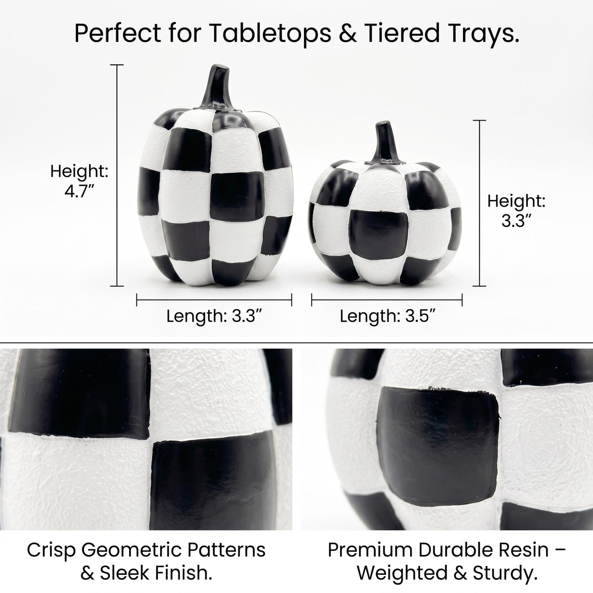 Black and White Checkered Pumpkins for Halloween Decoration Indoor (Black and White-2pcs / Resin)