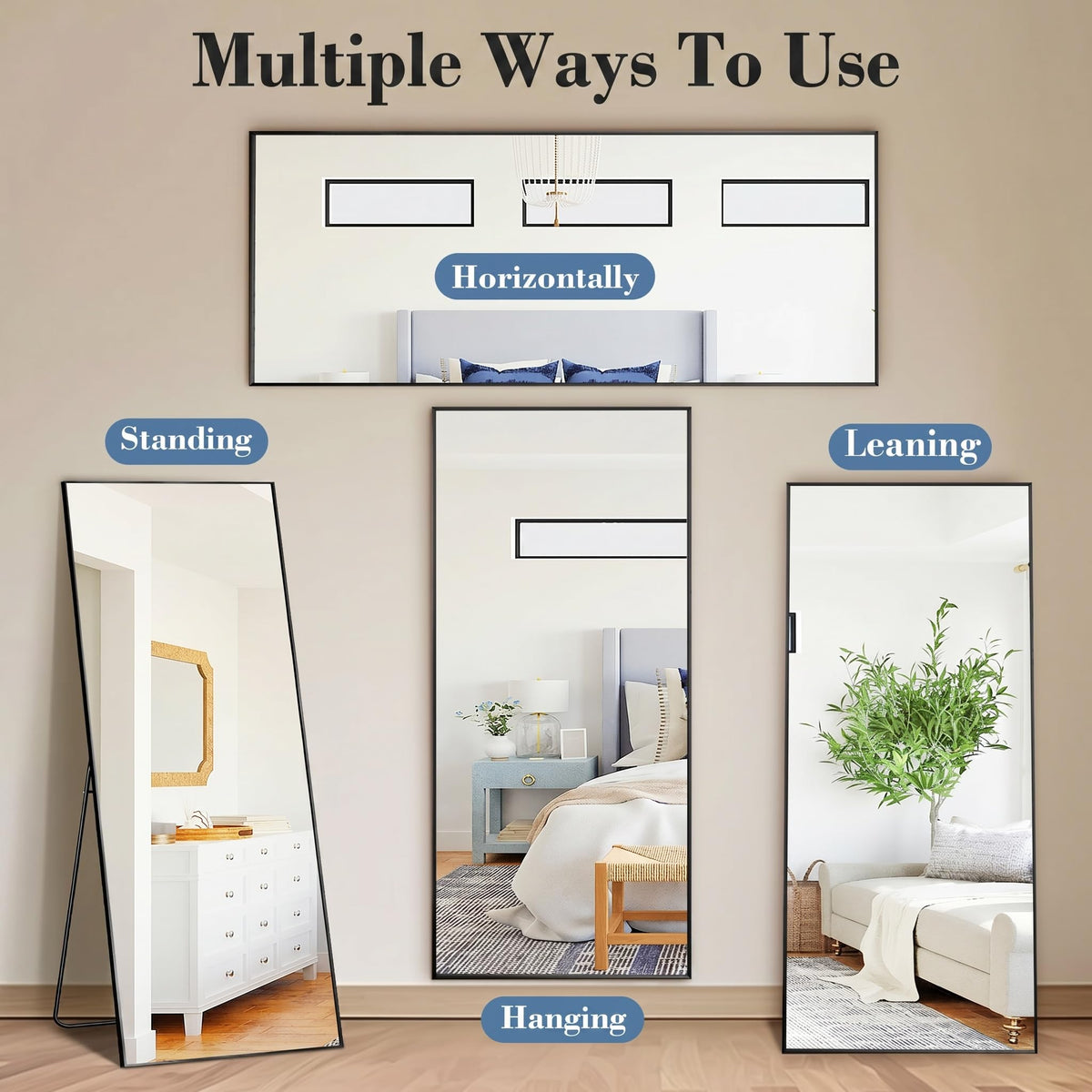 16"x59" Full Length Mirror with Stand (Black-rect Edge / 59"L x 16"W)