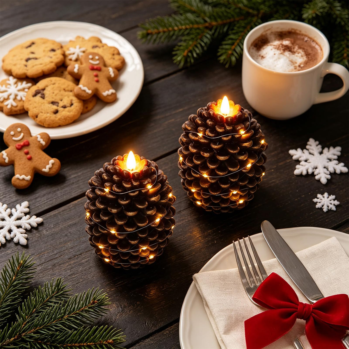 Pine Cone Flameless Candles with 6H Timer String Lights (2-Gold)
