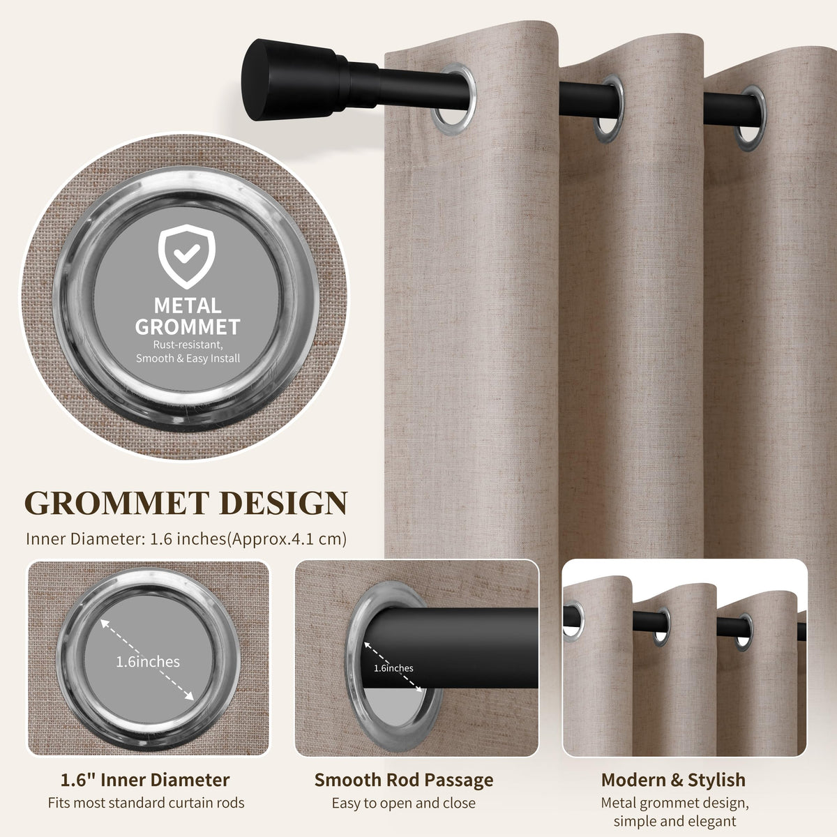Oatmeal Grommet Linen Curtains 120 Inches Long for Living Room (Oatmeal / 52"W x 120"L (Pack of 2))
