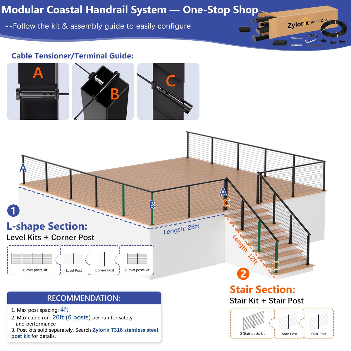 10FT Marine Grade Stainless Steel Black Handrail (10 Feet)