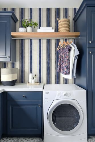Wallpaper Peel and Stick Blue and Cream White Striped 17.3"x197" Vintage Hand (Blue and Cream White / 17.3" x 197")