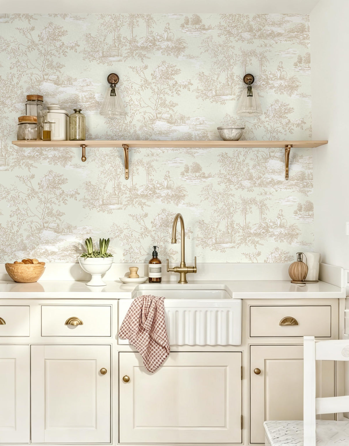 Peel and Stick Wallpaper Vintage Beige and Cream Neutral Wallpaper Toile Removable Self (Beige / 17.3" x 196.8")