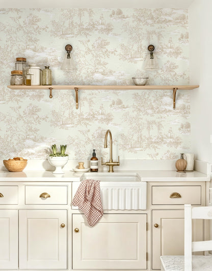 Peel and Stick Wallpaper Vintage Beige and Cream Neutral Wallpaper Toile Removable Self (Beige / 17.3" x 196.8")