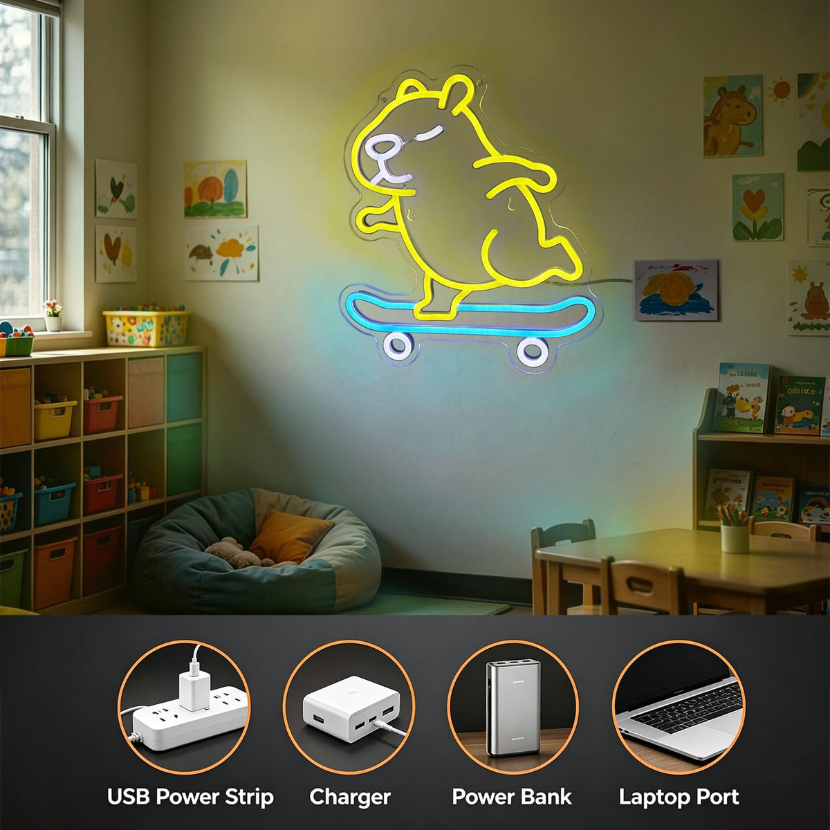 Capybara Neon Sign (Yellow, Blue and White)