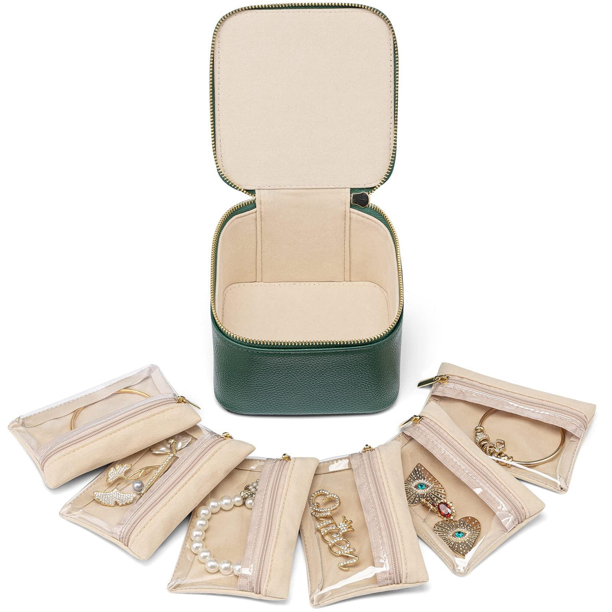 Travel Jewelry Organizer with 6 Clear Velvet Zipper Pouches (B.6 PCS Green)