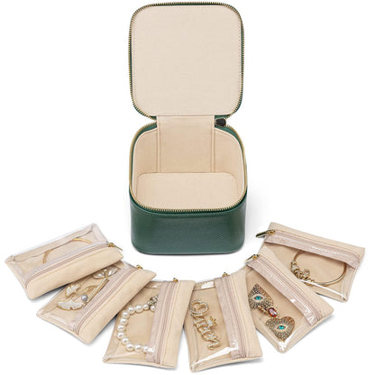 Travel Jewelry Organizer with 6 Clear Velvet Zipper Pouches (B.6 PCS Green)