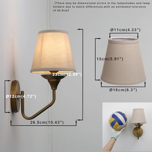 Set of 2 Antique Brass Pipe Curved Stem Funnel Fabric Lampshade Wall Sconce
